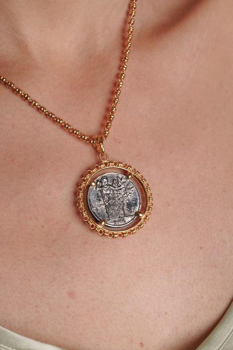 Large Filary Pendant in Gold with Italia Coin in Antique Silver