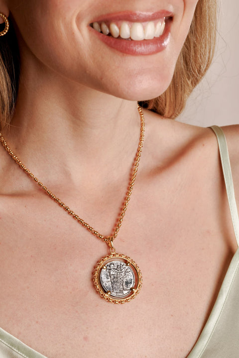 Large Filary Pendant in Gold with Italia Coin in Antique Silver