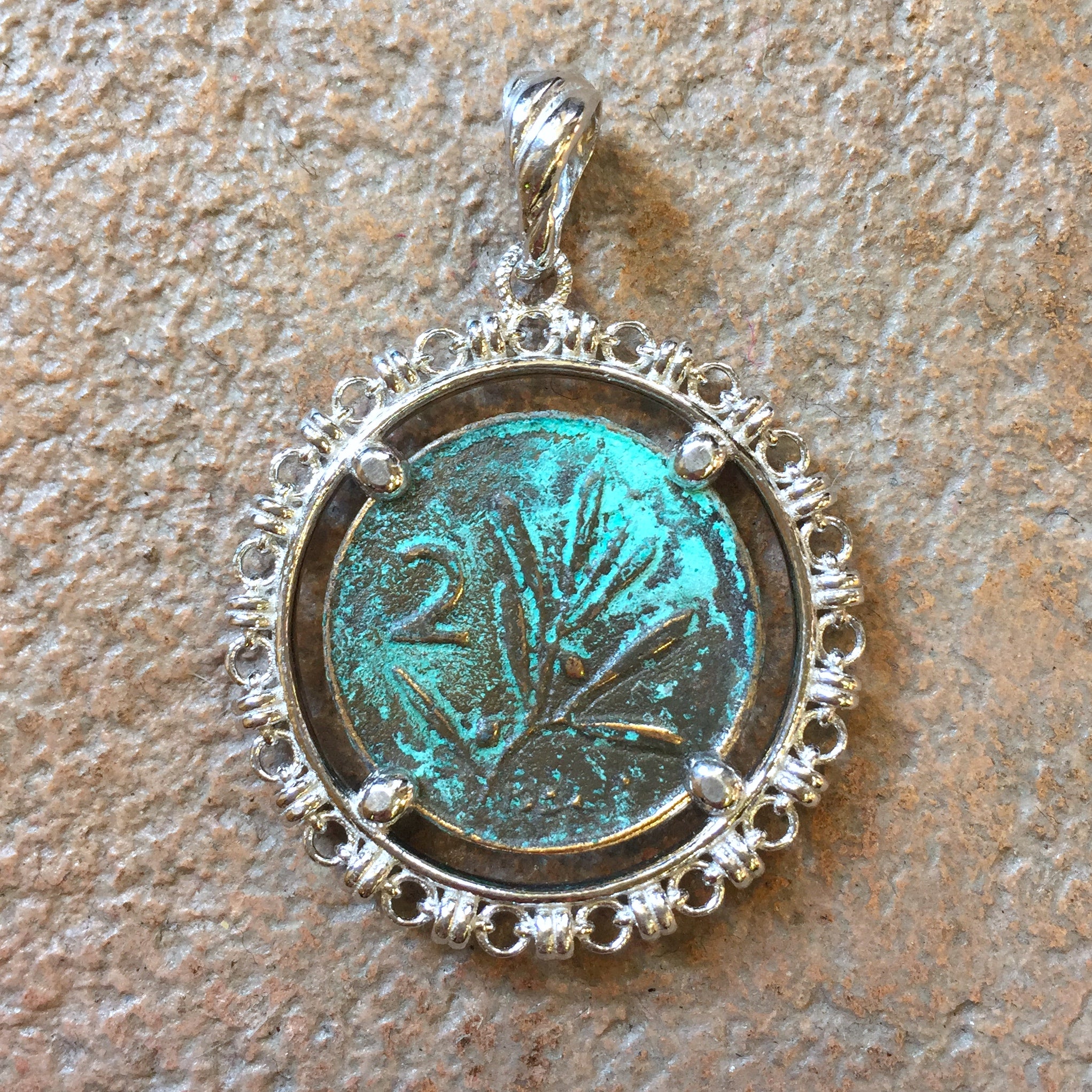 Filary Pendant in Silver with Bee Coin in Green Patina