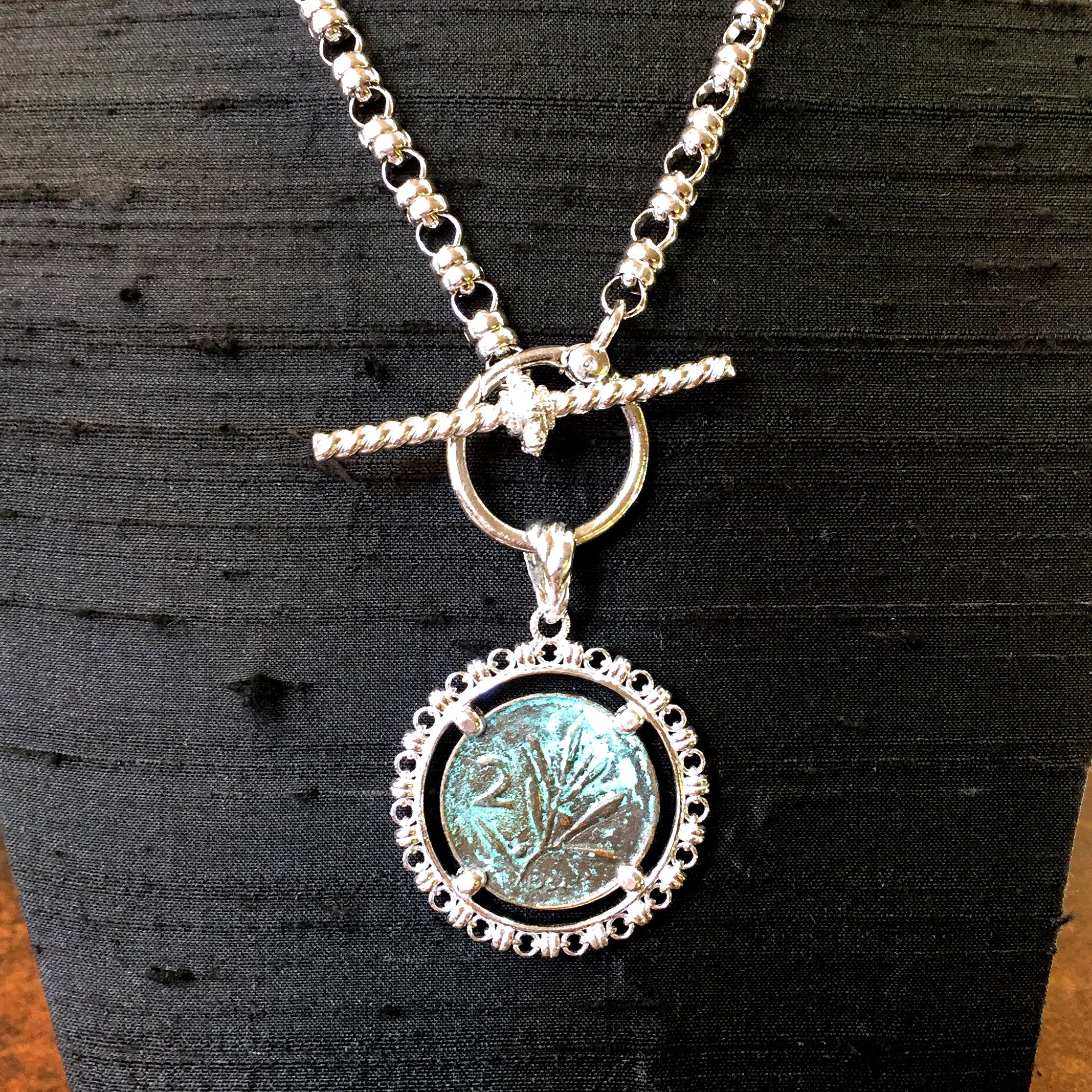 Filary Pendant in Silver with Bee Coin in Green Patina
