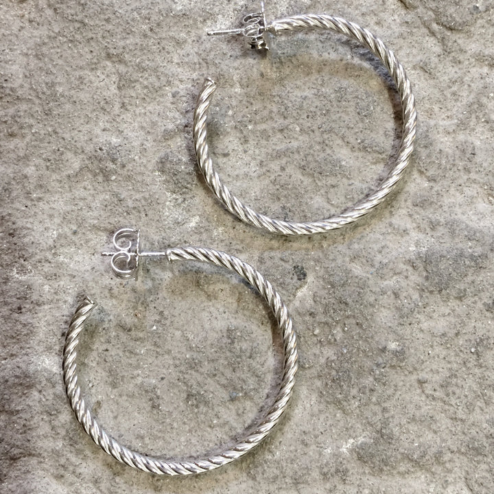 Small Rope Hoop Earrings in Silver
