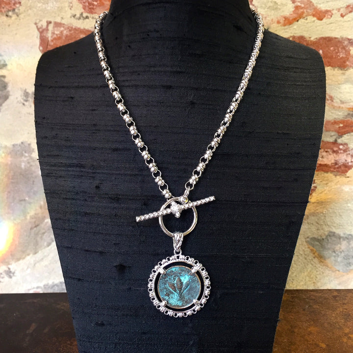Filary Pendant in Silver with Bee Coin in Green Patina