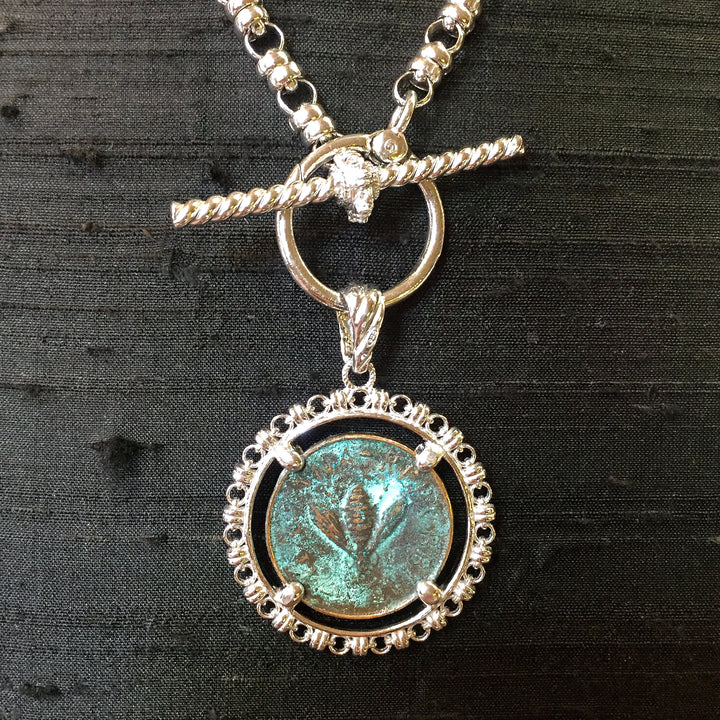 Filary Pendant in Silver with Bee Coin in Green Patina