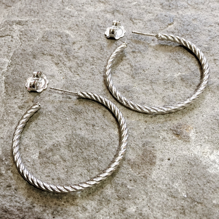 Small Rope Hoop Earrings in Silver